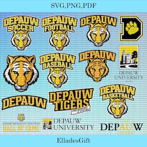 Puede incluir: Una colección de logotipos y emblemas deportivos de la Universidad DePauw en oro, negro y blanco. Los diseños incluyen cabezas de tigre, el nombre de la universidad y etiquetas deportivas como "Soccer" y "Basketball". La imagen también incluye el texto "SVG, PNG, PDF".