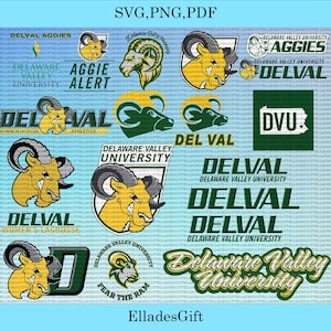 May include: A selection of Delaware Valley University logos and text elements in green, yellow, and black. The designs include the university name, the word "DELVAL", and the Aggies mascot, a ram. The background is a light blue colour.