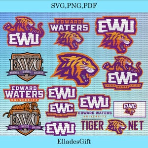 May include: A collection of digital graphics featuring the Edward Waters University tiger mascot and logos. Designs include the initials EWI and EWC, along with the full name and tiger imagery in purple and orange.