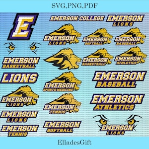 May include: A collection of Emerson College Lions logos in gold, purple, and white. The designs include lion heads, the letter "E", and text for various sports like baseball and basketball. The logos are in SVG, PNG, and PDF formats.