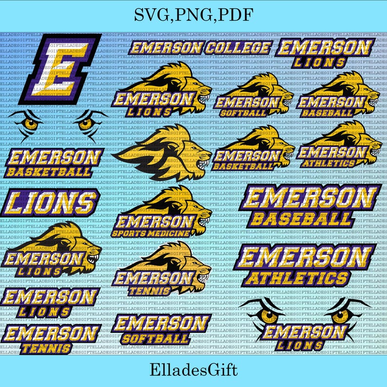 May include: A collection of Emerson College Lions logos in gold, purple, and white. The designs include lion heads, the letter "E", and text for various sports like baseball and basketball. The logos are in SVG, PNG, and PDF formats.