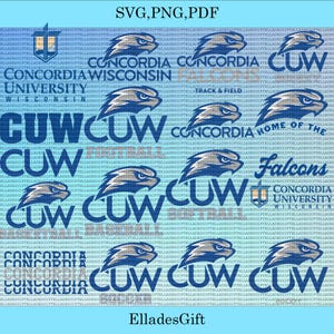 May include: A digital design featuring the text "CONCORDIA WISCONSIN UNIVERSITY" and "CUW" in blue, along with falcon graphics. The design also includes the words "Falcons", "Track & Field", and "Home of the". The background is a light blue.