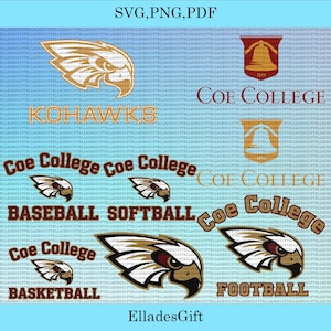 Op de afbeelding: Een digitale afbeelding met verschillende logo's en tekstelementen die betrekking hebben op de sportteams van Coe College. Het ontwerp bevat de woorden "Kohawks", "Coe College" en teamnamen zoals "Baseball", "Softball", "Basketball" en "Football". Het kleurenschema is voornamelijk bruin, wit en kastanjebruin.