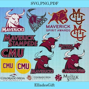 May include: A collection of maroon and white logos featuring a bull, the text "MAVERICKS", "CMU", and "COLORADO MESA UNIVERSITY". The image includes the text "SVG, PNG, PDF" and "ElladesGift".