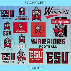 May include: A selection of red, black, and white graphics with the text "ESU" and "Warriors". The designs include logos for football, athletics, and homecoming, ideal for clothing and accessories.