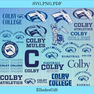 May include: A light blue background features various Colby College logos and text elements. The design includes the words "COLBY COLLEGE", "MULES", and sports-related terms like "ATHLETICS" and "BASEBALL". The image also contains a donkey mascot.