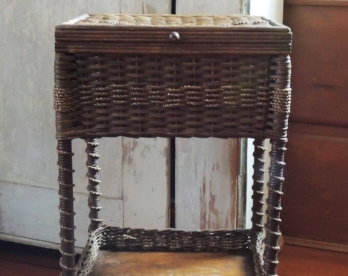 Antique Lidded Wicker Sewing Basket Stand, Heywood Wakefield Sewing