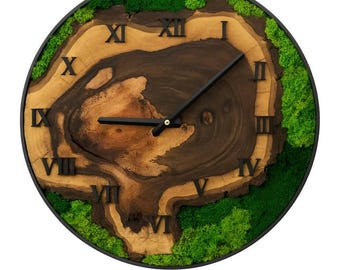 Natural Wood Slice Wall Clock with Preserved Moss | Rustic Eco Clock | Handmade Wooden Clock with Roman Numerals | Unique Nature Home Decor