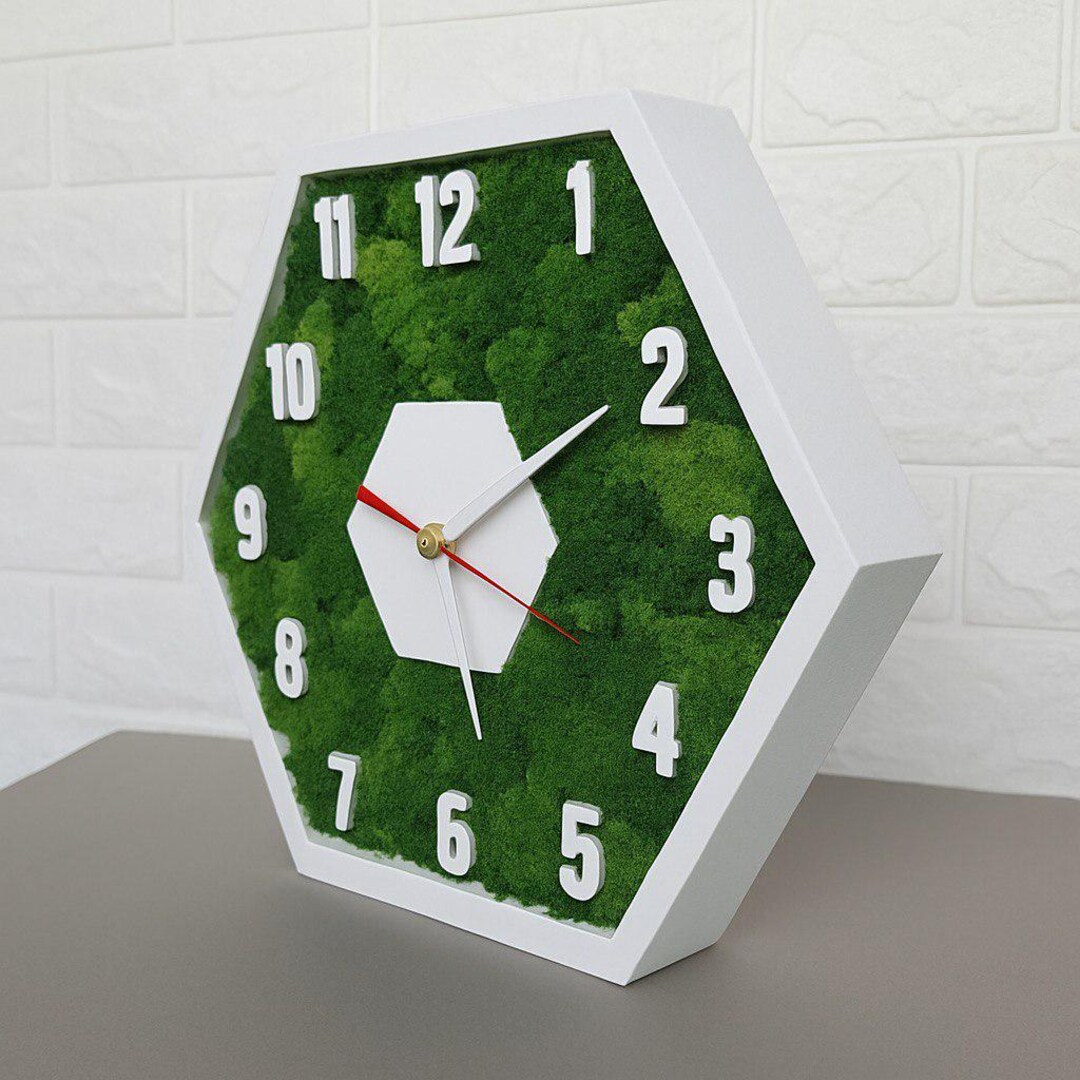 Hexagon Moss Wall Clock, Modern White Frame, Eco Home Decor - Etsy