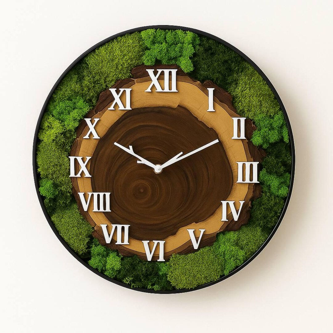 Moss Wall Clock | Natural Wood Slice, Eco Home Decor - Etsy
