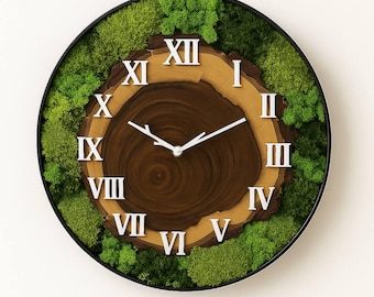 Moss Wall Clock | Natural Wood Slice, Eco Home Decor