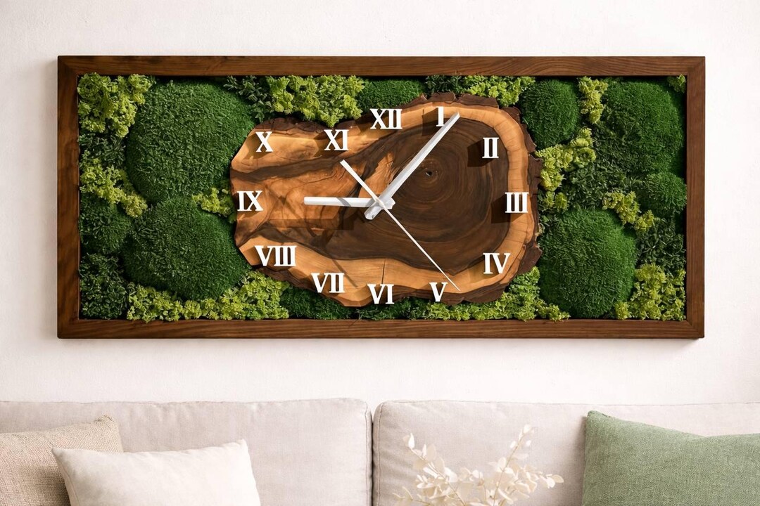 Wood Wall Clock With Natural Moss • • Rustic Green Decor • Moss Art ...