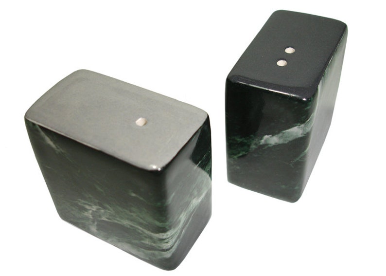 Dinky Modern Ceramic Salt & Pepper Pots / Shakers / Cellars Web DarkGreen Marble Light and Dark Grey image 1