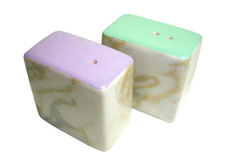 Dinky Modern Ceramic Salt & Pepper Pots / Shakers / Cellars Corn Marble Lilac and Mint image 1
