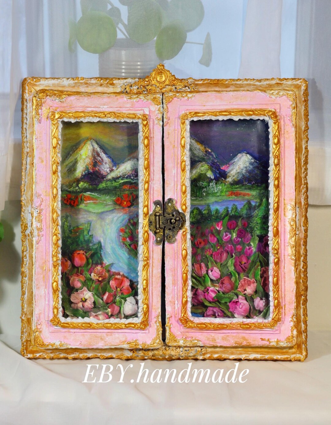 Openable Window Tulip Field Painting, 3D Mountain View Wall Art ...
