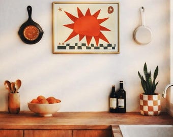 Lámina artística pintada a mano con diseño de sol – Póster de arte popular moderno de mediados de siglo