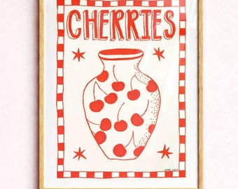 Hand Painted Cherry Vase Art Print – Folk Art Fruit Painting, Mid Century Star Cherries Pattern, Red & White Retro Checker Print Decor