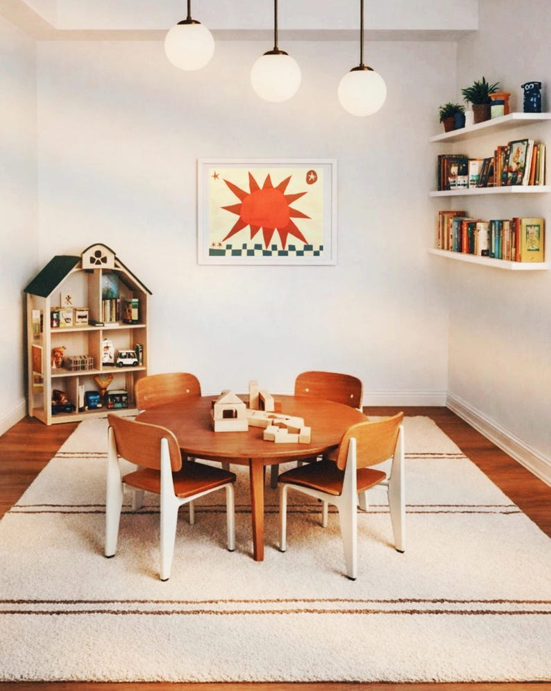 Peut inclure: Une salle de jeux pour enfants avec une table ronde en bois et quatre chaises. Une &oelig;uvre d'art encadr&eacute;e avec un soleil rouge est accroch&eacute;e au mur. Une maison de poup&eacute;e et des &eacute;tag&egrave;res avec des livres et des plantes compl&egrave;tent la sc&egrave;ne.