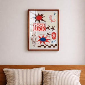 Estampado de collage de arte popular moderno – Obra de arte moderna de mediados de siglo pintada a mano, póster de escorpión occidental, sol y estrellas, letras de BUENA SUERTE pintadas a mano imagen 3