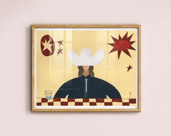 Hand Painted Folk Art Cowgirl Print, Mid Century Modern Artwork, Western Folk Art Sun Poster, Checker Design
