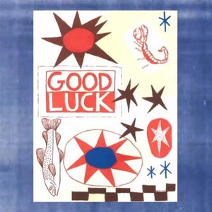 Estampado de collage de arte popular moderno – Obra de arte moderna de mediados de siglo pintada a mano, póster de escorpión occidental, sol y estrellas, letras de BUENA SUERTE pintadas a mano imagen 7