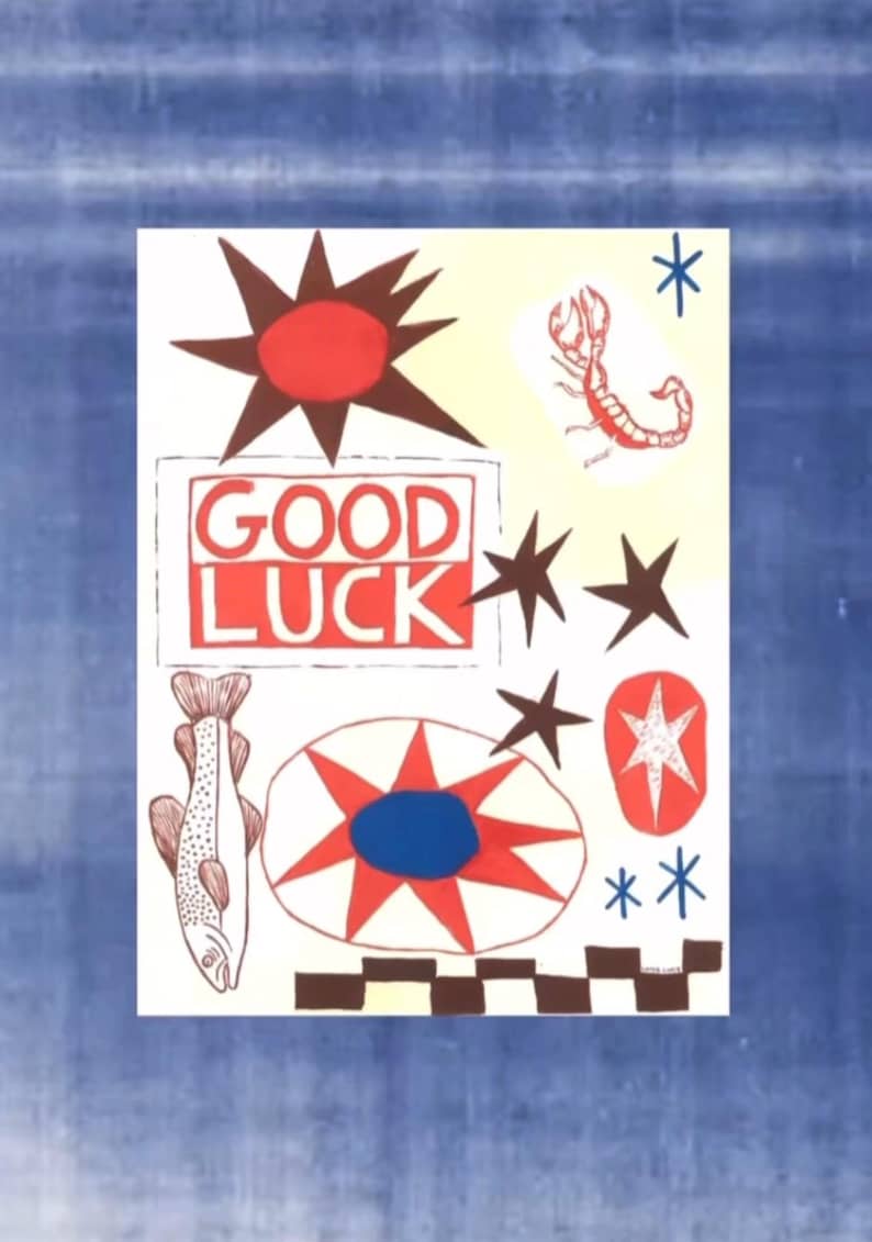 Estampado de collage de arte popular moderno – Obra de arte moderna de mediados de siglo pintada a mano, póster de escorpión occidental, sol y estrellas, letras de BUENA SUERTE pintadas a mano imagen 7