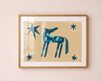 Hand Painted Folk Art Horse And Stars Print – Mid Century Modern Western Artwork, Western Horse Painting, Blue Aesthetic Wall Art Poster