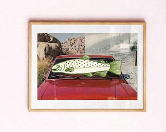 Hand Painted Fish Collage Art Print – Vintage Magazine Mixed Media Artwork, Retro Car Wall Art, Mid Century Folk Art Fish Poster