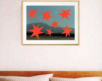 Collage de viaje por carretera - Lámina artística de técnica mixta, arte mural de estilo moderno de mediados de siglo, película Super 8, lámina de estrellas, estética estelar, obra de arte vintage