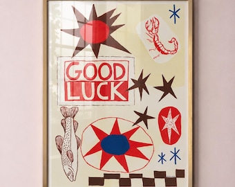 Modern Folk Art Collage Print – Hand Painted Mid Century Modern Artwork, Western Scorpion Sun Stars Poster, Hand Painted GOOD LUCK letters