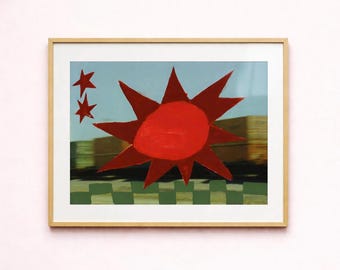 Sol y estrellas pintados a mano sobre película Super 8 - Impresión artística de collage de técnica mixta, arte mural de estilo moderno de mediados de siglo, pintura de sol de arte popular moderno
