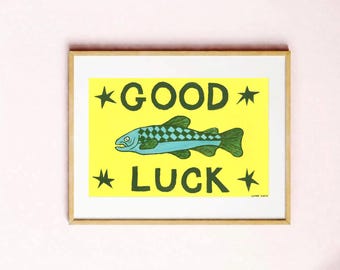 Good Luck Fish Art Print, Hand Painted Folk Art Fish Painting, Mid Century Modern Wall Art, Vintage Yellow Fish Poster, Retro Home Decor