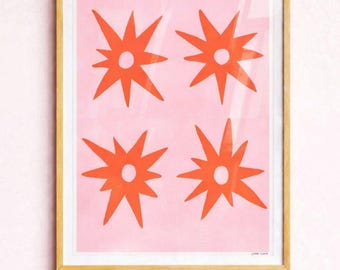 Hand Painted Orange Suns On Pink Art Print – Mid Century Modern Sun Pattern Wall Decor, Folk Art Sun Poster, Pink And Orange Aesthetic Decor