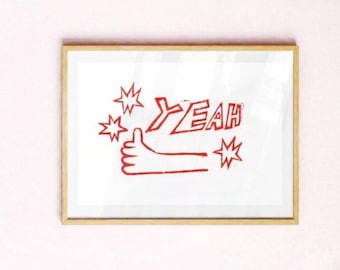 Yeah Thumbs Up Art Print – Hand Block Printed Wall Art, Retro Graphic Folk Art, Mid Century Modern Decor