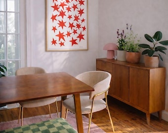 Hand Painted Star Art Print – Mid Century Modern Red Star Pattern Wall Decor, Folk Art Stars Poster, Red and White Star Aesthetic Wall Decor