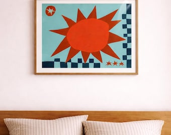 Lámina artística de un sol pintado a mano - Póster de arte popular moderno de mediados de siglo - Arte mural azul y rojo - Decoración del hogar con diseño retro de sol
