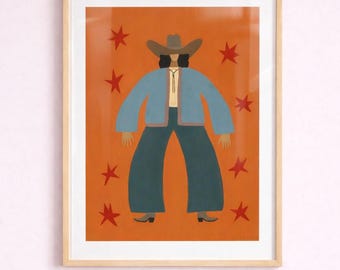 Hand Painted Cowgirl And Stars Art Print – Mid Century Modern Style Cowgirl Artwork, Western Folk Art Cowgirl Poster, Cowboy Theme Wall Art