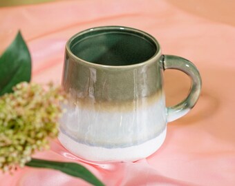 Green and White Glaze Mug with Handle Cup Made from Stoneware Khaki Brown Grey Birthday Gift for Tea Coffee Lover His and Hers