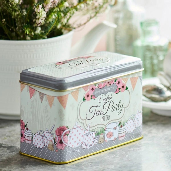 Grey English Tea Party Tin 40 Bags of Earl Grey Afternoon Tea Garden Party Teacup Teapot Polka Dot Design Kitchen Caddy Birthday Gift