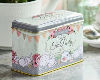 Grey English Tea Party Tin 40 Bags of Earl Grey Afternoon Tea Garden Party Teacup Teapot Polka Dot Design Kitchen Caddy Birthday Gift