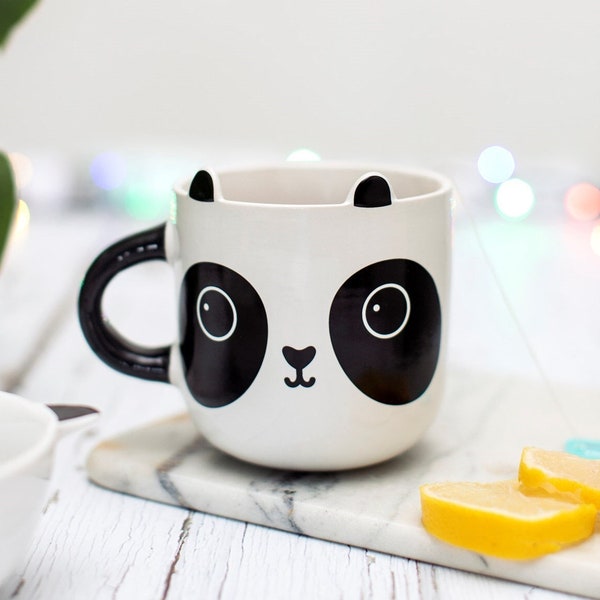 Black and White Panda Face Mug with Handle Cup Aiko Panda Kawaii Birthday Gift for Tea Coffee Lover Ceramic Cute Animal