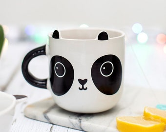 Black and White Panda Face Mug with Handle Cup Aiko Panda Kawaii Birthday Gift for Tea Coffee Lover Ceramic Cute Animal