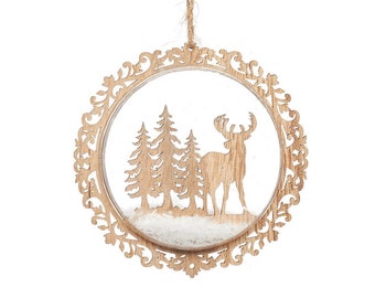 Stag in Snowy Forest Wooden Bauble Brown White Natural Flat Circle Christmas Decoration Hanging Xmas Tree Ornament Novelty Gift Stocking