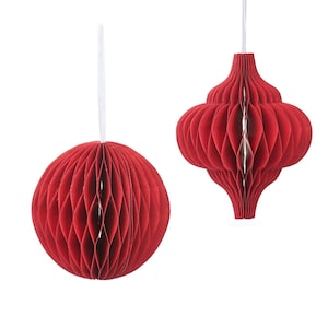 Set of 2 Red Honeycomb Christmas Tree Decoration Sphere and Ornamental Hanging Shape Christmas Party Recycled Paper Baubles