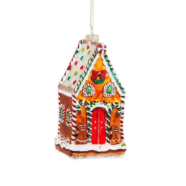 Gingerbread House Shaped Bauble Red White Brown Green Glass Christmas Decoration Hanging Xmas Tree Ornament Novelty Gift Stocking Stuffer