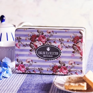 Lilac Vintage Floral Tea Tin 100 Bags of English Tea Selection Vintage Inspired Breakfast Afternoon Party Teacup Teapot Design Birthday Gift
