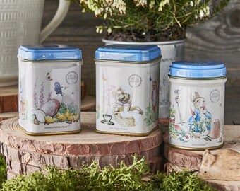 Beatrix Potter Set of 3 Tea Tins Loose Leaf Vintage Inspired Afternoon Party Gold Teacup Teapot Peter Rabbit Design Kitchen Birthday Gift