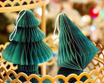 Set of 2 Dark Green Honeycomb Christmas Tree and Diamond Shaped Decoration Hanging Shape Christmas Wedding Party Recycled Paper Baubles