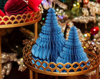 Navy Blue Standing Christmas Trees Set of 2 Honeycomb Shaped Decoration Christmas Wedding Table Decor Party Recycled Paper Ornaments