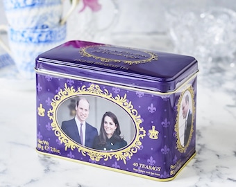 Duke and Duchess of Cambridge Purple Tea Tin 40 Bags of English Breakfast Vintage Inspired Afternoon Party Gold Teacup Teapot Birthday Gift